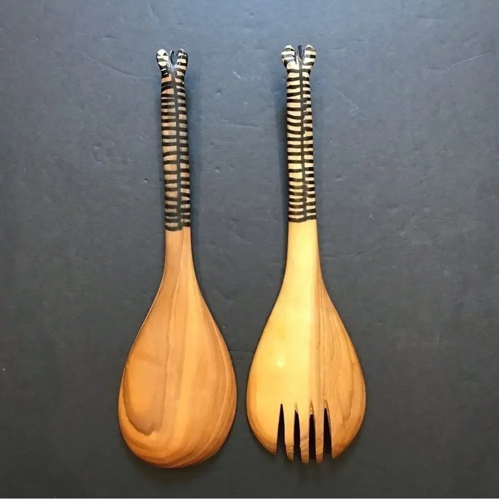African Hand Carved Wooden Zebra Serving Spoons, Two Piece Set